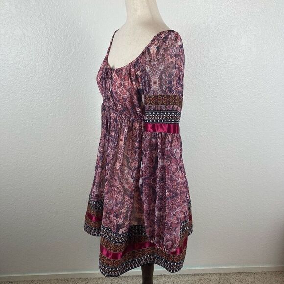 Bebe Fable boho embroidered satin trim balloon  sleeve mini dress women’s S NEW - Picture 6 of 13